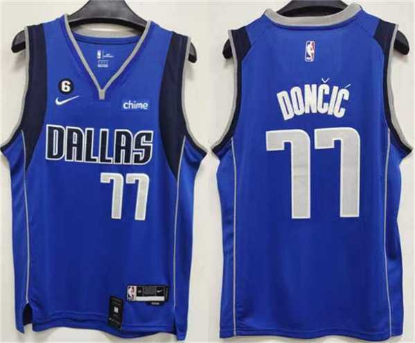 Men%27s Dallas Mavericks #77 Luka Doncic Blue No.6 Patch Stitched Jersey